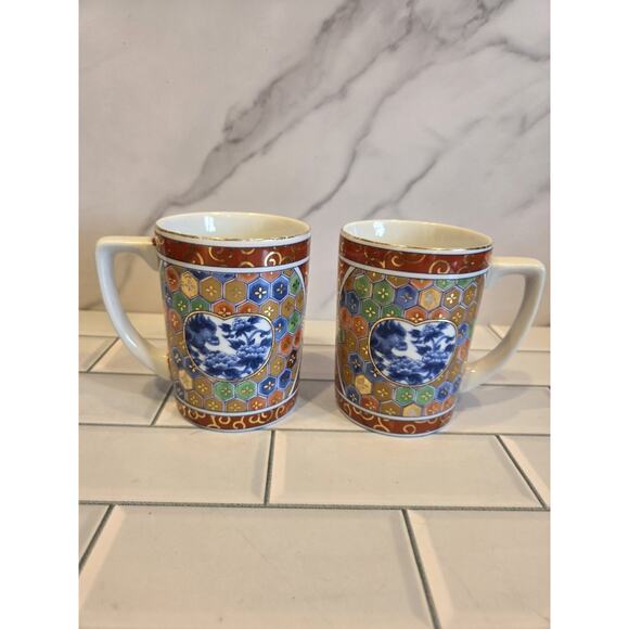 Kozan Gama Japan Imari Mugs Mino Ware Foo Dog Floral Pattern 10oz Set Of 2 GUC - Picture 2 of 13